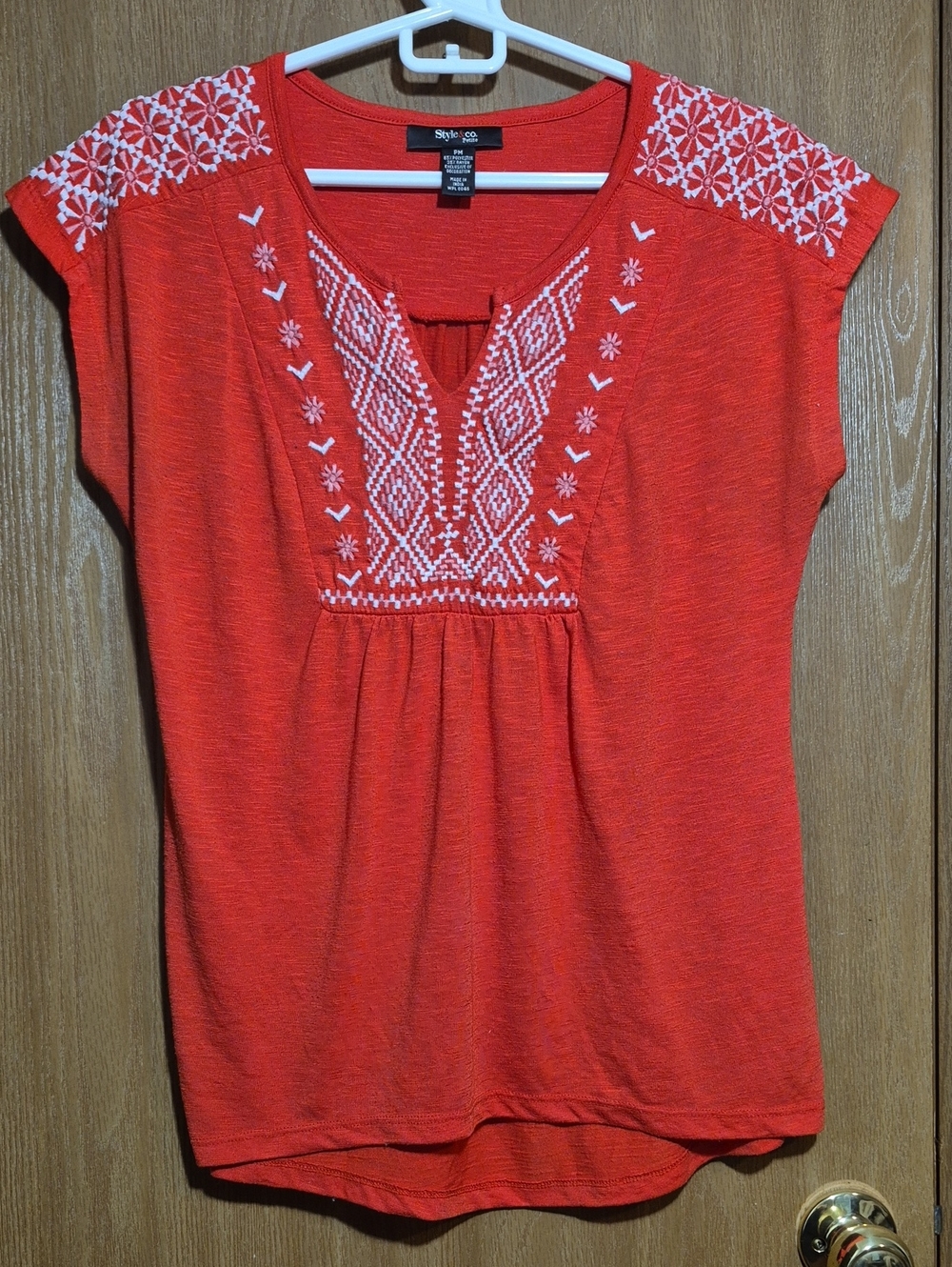 Style & Co Orange Embroidered Short Sleeve Top Women’s Size Petite Medium